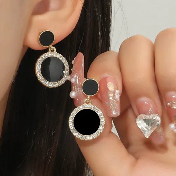 3/$35 Sparkly Circle Black Drop Dangle Gold Tone Small Earrings Rhinestones - Picture 4 of 5